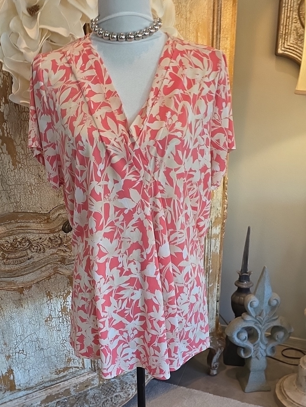 Lane Bryant Pink and Cream Floral Surplice Blouse